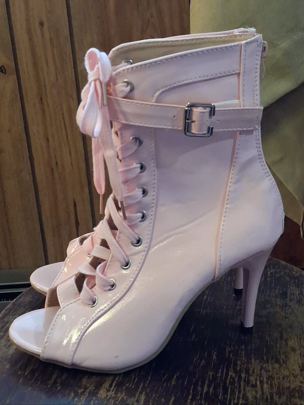 NEW Pastel Pink Patent Leather Peep Toe Stilletto Booties Size 41/10 US